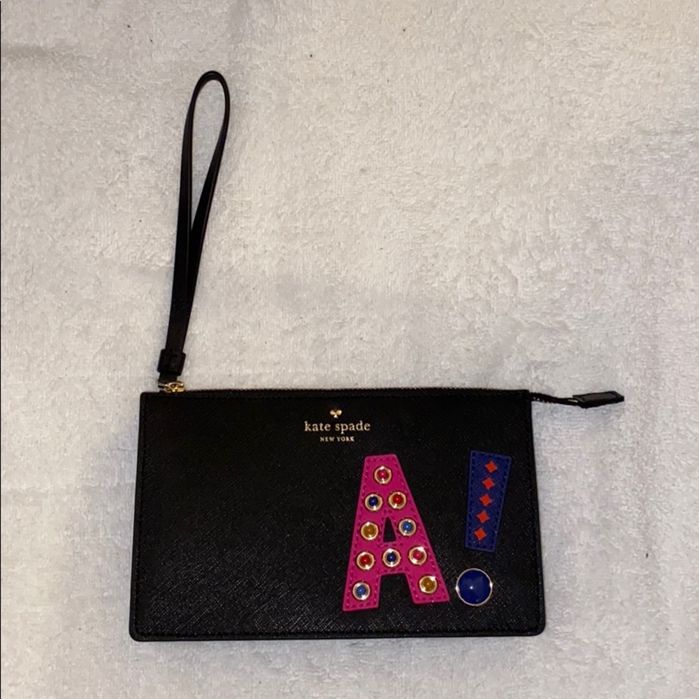 kate spade Black Wristlet Clutch with Pink and Blue Appliqué